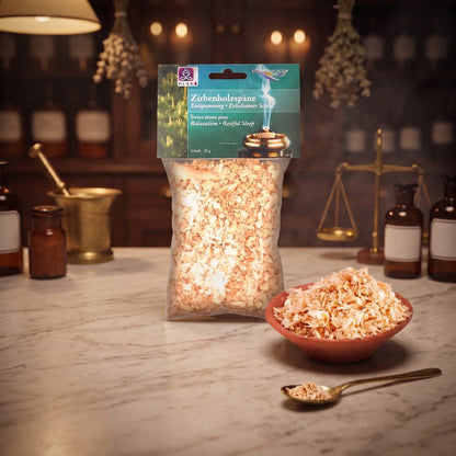 Zirbenholzspäne, sortenreines Räucherwerk von Berk, 25 g: Packung auf der Marmortheke einer alten Apotheke am Abend, daneben eine Terracottaschale mit Zirbenholzspänen und ein Messinglöffel – Spirit of Gaia