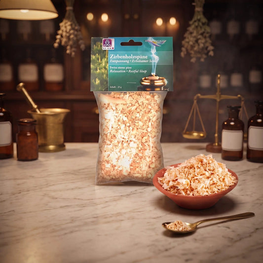 Zirbenholzspäne, sortenreines Räucherwerk von Berk, 25 g: Packung auf der Marmortheke einer alten Apotheke am Abend, daneben eine Terracottaschale mit Zirbenholzspänen und ein Messinglöffel – Spirit of Gaia