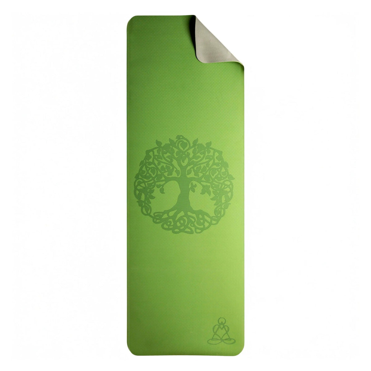 EcoBalance Yogamatte aus TPE, 182 × 61 cm, 6 mm, Baum des Lebens, hellgrün/grau: Draufsicht auf die flache Matte mit umgeschlagener Ecke, freigestellt auf Weiß