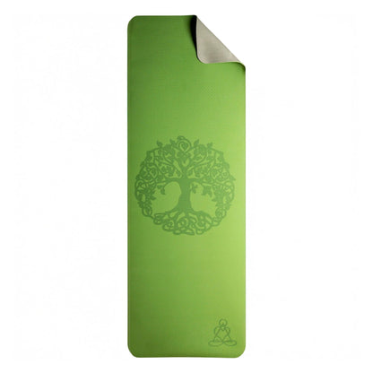 EcoBalance Yogamatte aus TPE, 182 × 61 cm, 6 mm, Baum des Lebens, hellgrün/grau: Draufsicht auf die flache Matte mit umgeschlagener Ecke, freigestellt auf Weiß