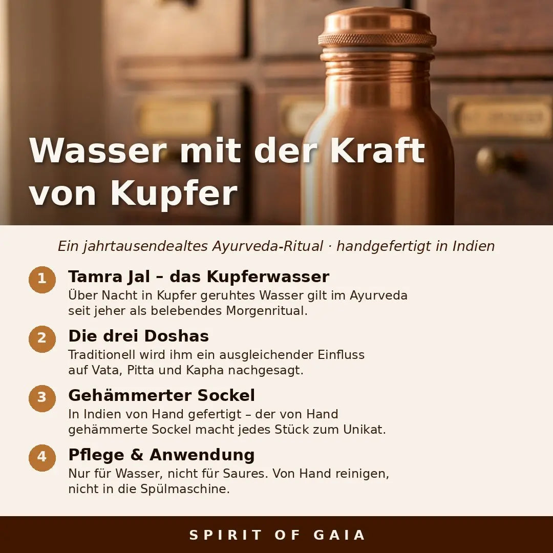 Infografik: Wasser mit der Kraft von Kupfer – Tamra-Jal-Ritual, Doshas und Pflege der Kupferflasche