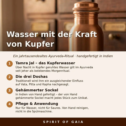 Infografik: Wasser mit der Kraft von Kupfer – Tamra-Jal-Ritual, Doshas und Pflege der Kupferflasche