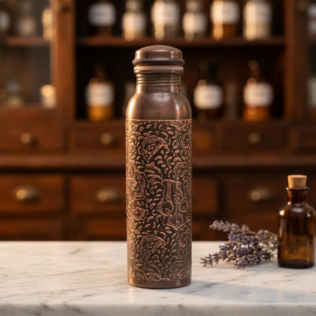 Antike Kupfer-Trinkflasche mit Blumenmuster, Lavendel und Apothekerfläschchen im Apotheker-Look
