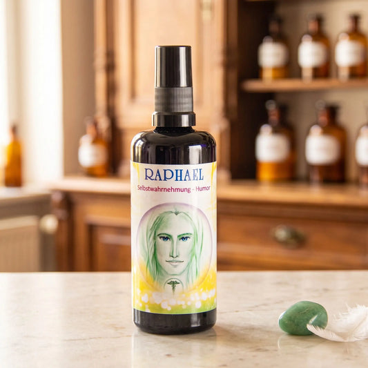 Seraphim Engel-Essenz Raphael: Aura-Spray in dunkler Violettglasflasche auf Marmortheke vor Apothekerschrank, daneben ein Aventurin und eine weiße Feder – Spirit of Gaia