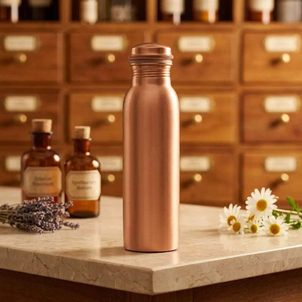 Kupfer-Trinkflasche Ayurveda glatt auf Marmortheke vor Apothekerschrank – Spirit of Gaia