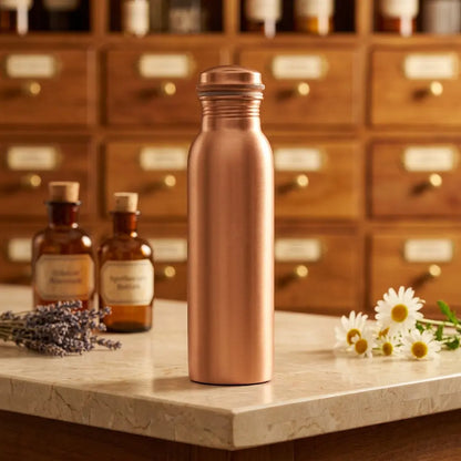 Kupfer-Trinkflasche Ayurveda glatt auf Marmortheke vor Apothekerschrank – Spirit of Gaia