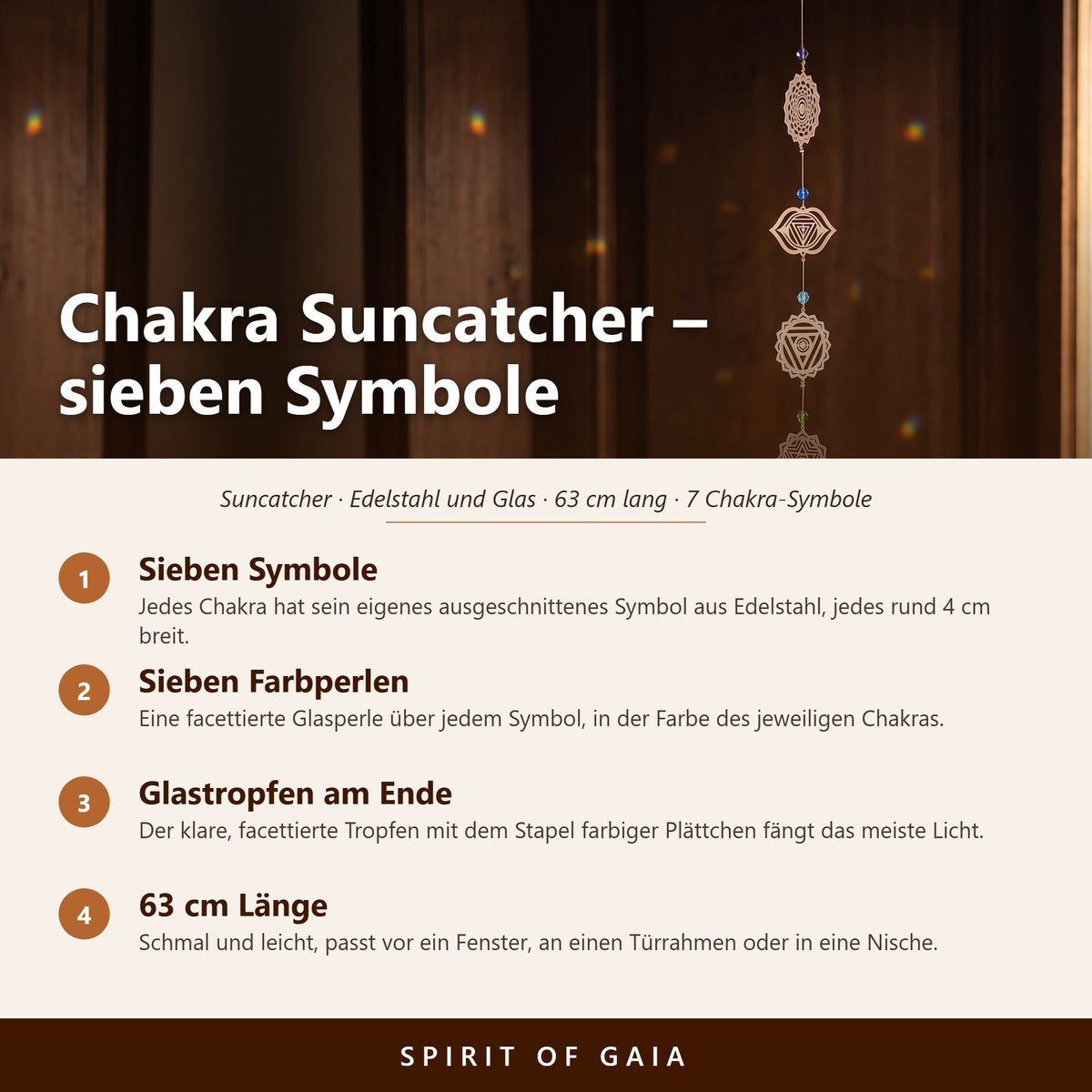 Übersicht zum Chakra Suncatcher: sieben Chakra-Symbole aus Edelstahl, Farbperlen, Glastropfen, 63 cm lang