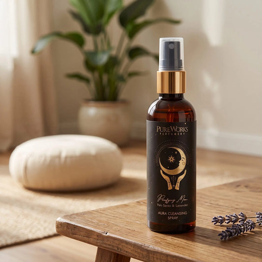 Aura-Spray Purifying Moon (Palo Santo & Lavendel): Sprühflasche auf einem Holztisch in einer ruhigen Meditationsecke mit Sitzkissen und Pflanze