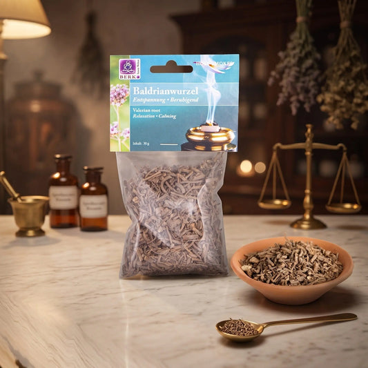 Baldrianwurzel, sortenreines Räucherwerk von Berk, 30 g: Packung auf der Marmortheke einer alten Apotheke am Abend, daneben eine Terracottaschale mit geschnittener Baldrianwurzel und ein Messinglöffel – Spirit of Gaia