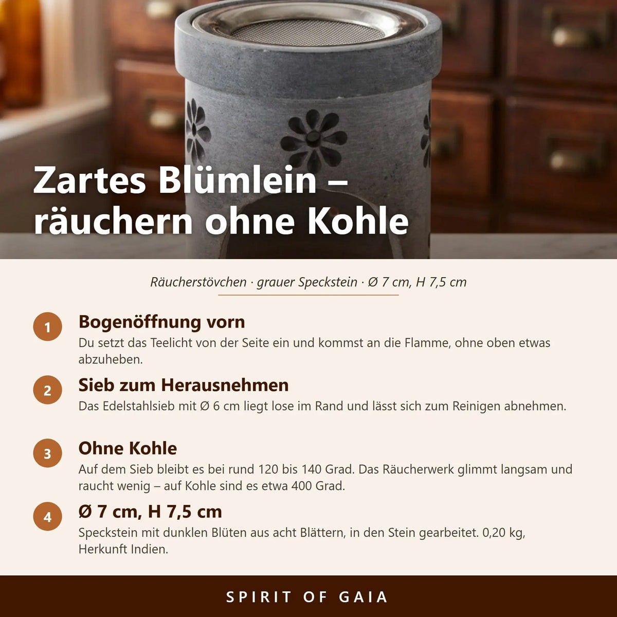 Infografik zum Räucherstövchen Zartes Blümlein mit vier Punkten zu Bogenöffnung, Sieb, Temperatur und Maßen