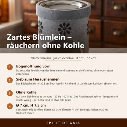 Infografik zum Räucherstövchen Zartes Blümlein mit vier Punkten zu Bogenöffnung, Sieb, Temperatur und Maßen