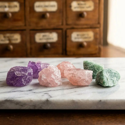 Naturbelassene Rohsteine der Wassersteine Entspannung: Amethyst, Rosenquarz und grüner Aventurin in Nahaufnahme – Spirit of Gaia