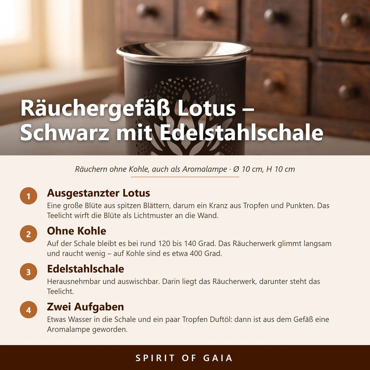Schwarzes Räuchergefäß aus Eisen mit ausgestanztem Lotus und flacher Edelstahlschale – Infografik mit den wichtigsten Angaben