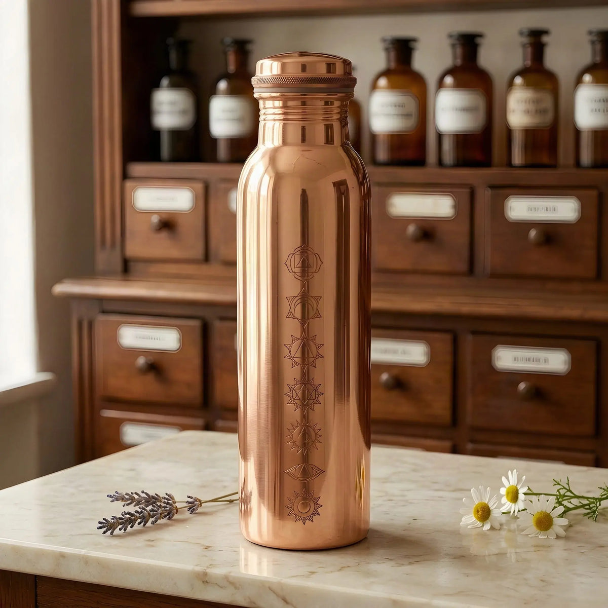 Polierte Kupfer-Trinkflasche mit 7-Chakren-Gravur auf Marmortheke vor Apothekerschrank – Spirit of Gaia