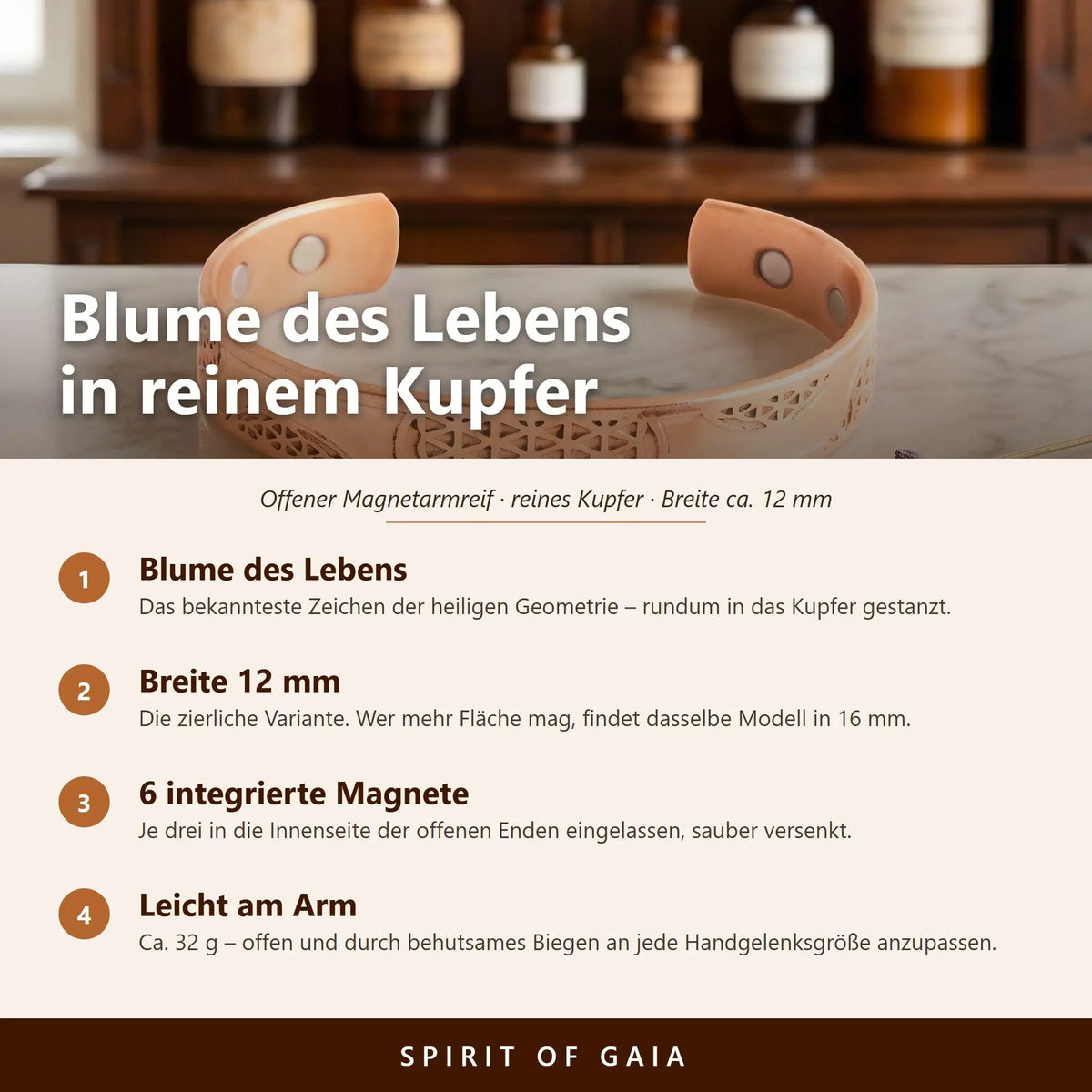Infografik: Blume des Lebens in reinem Kupfer – Motiv, Breite 12 mm, sechs integrierte Magnete, an jede Handgelenksgröße anpassbar