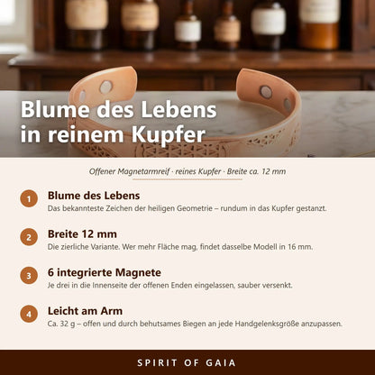 Infografik: Blume des Lebens in reinem Kupfer – Motiv, Breite 12 mm, sechs integrierte Magnete, an jede Handgelenksgröße anpassbar