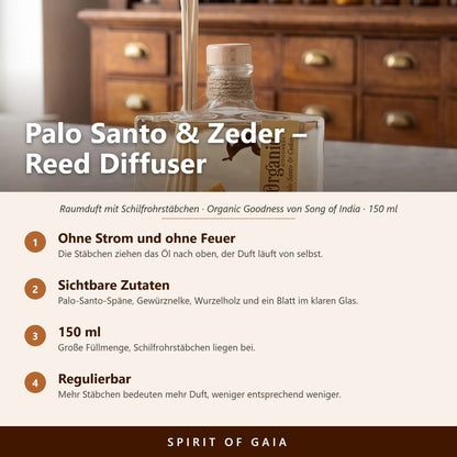 Übersicht zum Reed Diffuser Palo Santo und Zeder: Duft ohne Strom, sichtbare Zutaten, 150 ml und regulierbare Stärke