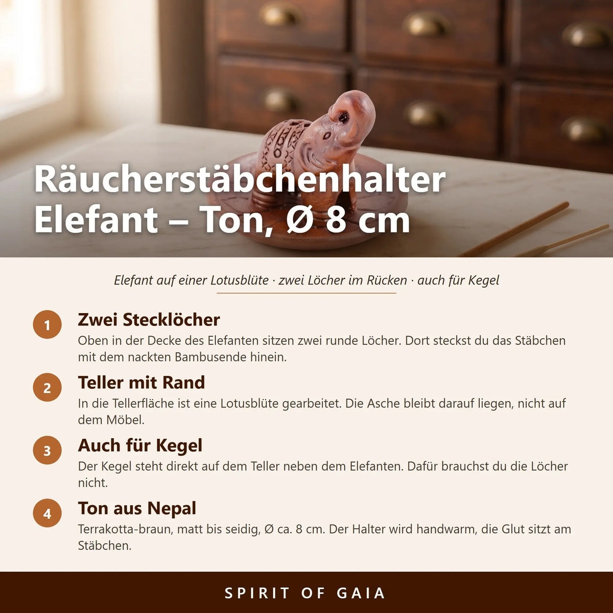 Räucherstäbchenhalter aus Ton: Elefant mit erhobenem Rüssel auf einem Lotusteller – Infografik mit den wichtigsten Angaben