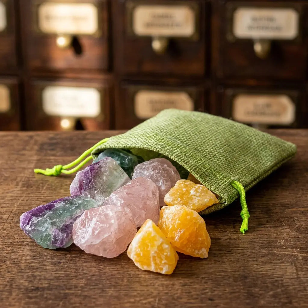 Hellgrünes Jutesäckchen der Wassersteine Guter Schlaf schräg von der Seite mit Regenbogenfluorit, Rosenquarz und Orangencalcit – Spirit of Gaia