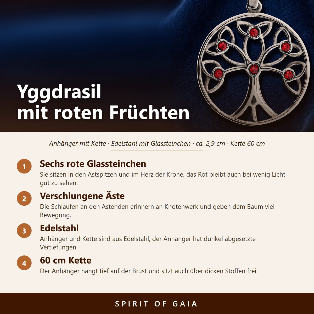 Übersicht zum Yggdrasil Anhänger: Edelstahl, sechs rote Glassteinchen, ca. 2,9 cm, Kette 60 cm