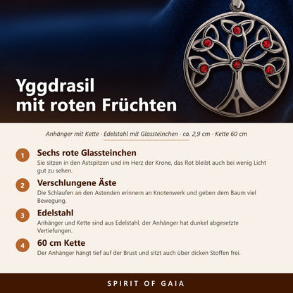 Übersicht zum Yggdrasil Anhänger: Edelstahl, sechs rote Glassteinchen, ca. 2,9 cm, Kette 60 cm