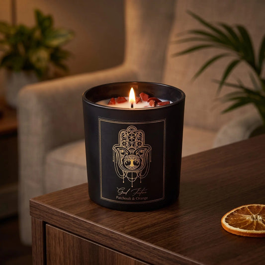 Manifestationskerze Good Fortune mit rotem Jaspis (Patchouli & Orange): brennende Kerze im schwarzen Glas auf einem dunklen Holztisch im Wohnzimmer am Abend, daneben eine getrocknete Orangenscheibe