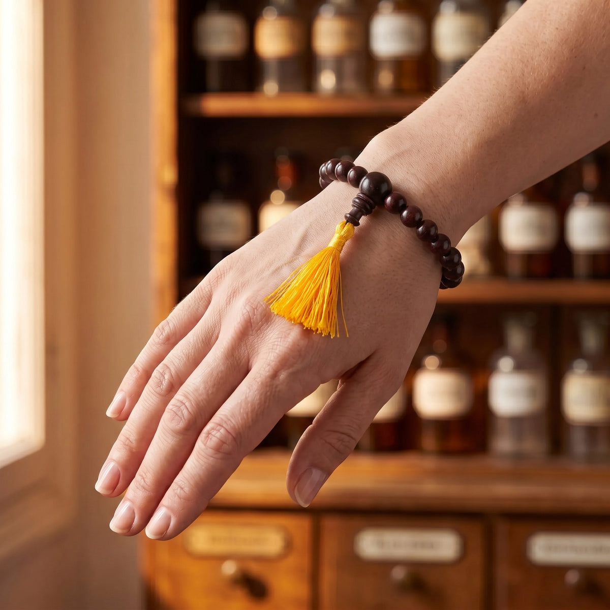 Das Power-Bracelet Rosenholz am Handgelenk, die gelbe Quaste hängt an der Unterseite