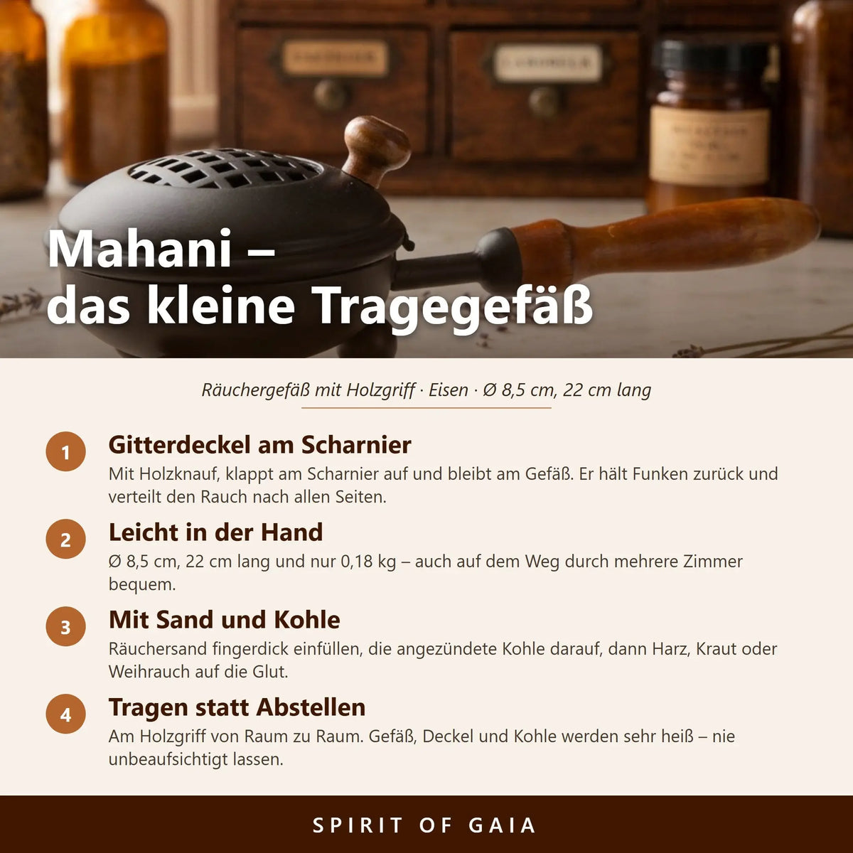 Infografik zum Gitterdeckel am Scharnier, den Maßen, der Anwendung mit Räuchersand und Kohle und zum Tragen am Holzgriff
