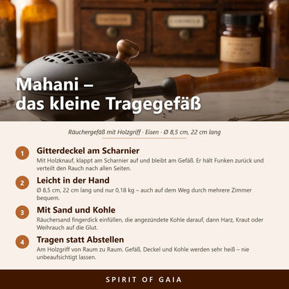 Infografik zum Gitterdeckel am Scharnier, den Maßen, der Anwendung mit Räuchersand und Kohle und zum Tragen am Holzgriff
