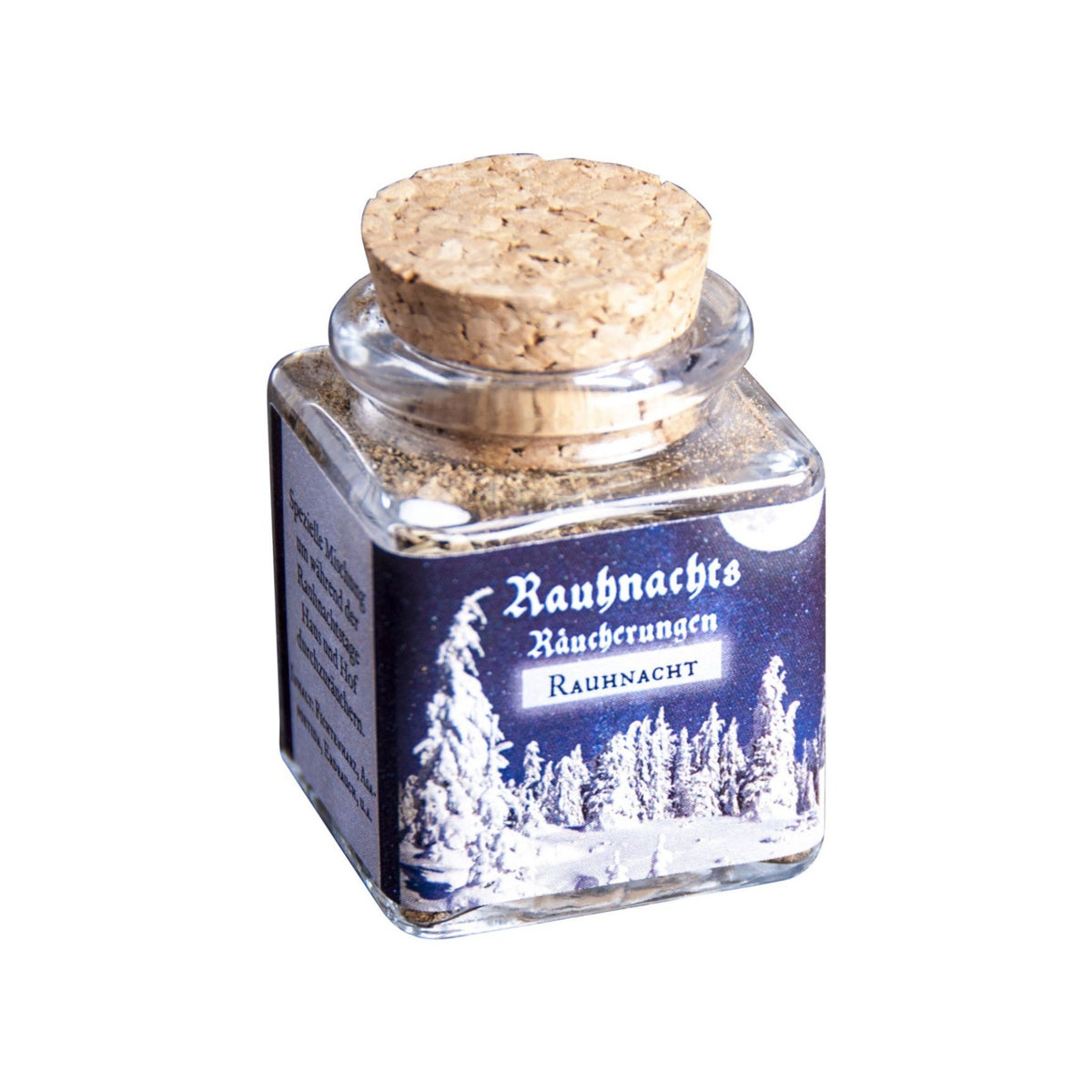 Rauhnacht, Rauhnachts-Räucherung von Berk, 50 ml im Korkglas: Korkglas mit blauem Winteretikett, freigestellt auf Weiß