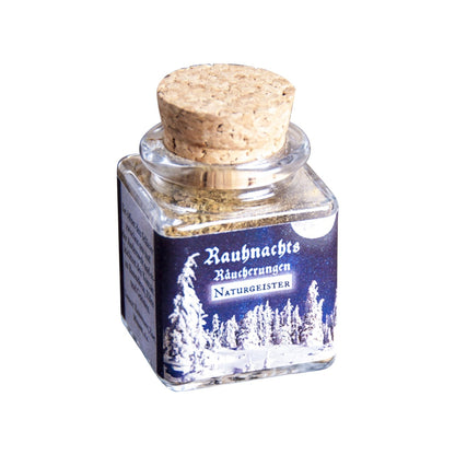 Naturgeister, Rauhnachts-Räucherung von Berk, 50 ml im Korkglas: Korkglas mit blauem Winteretikett, freigestellt auf Weiß