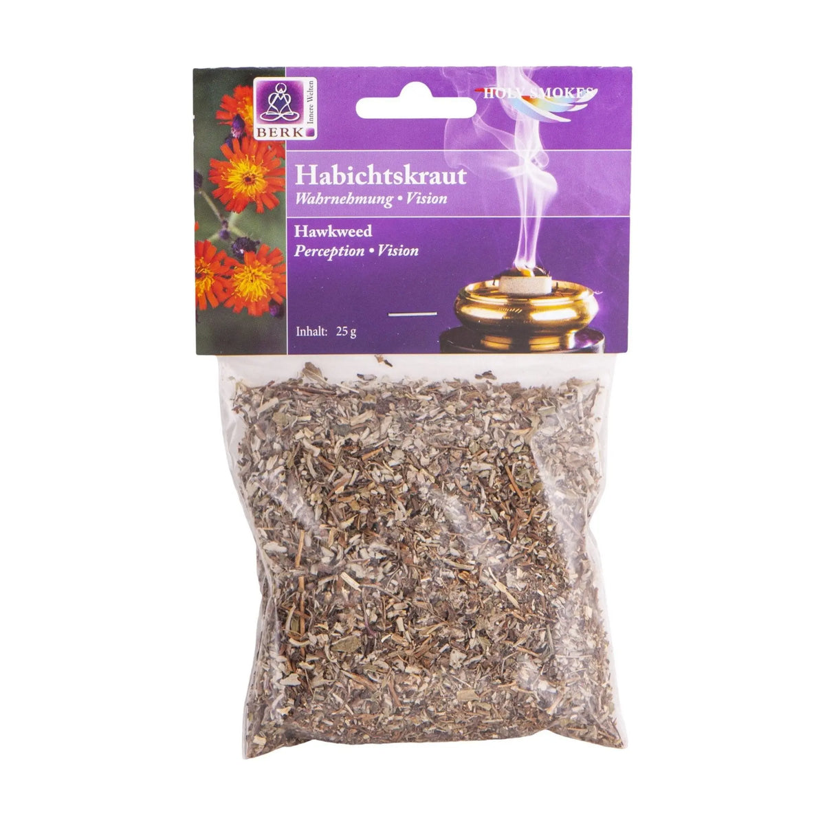 Habichtskraut, sortenreines Räucherwerk von Berk, 25 g: Tüte mit violettem Kartonkopf, freigestellt auf Weiß