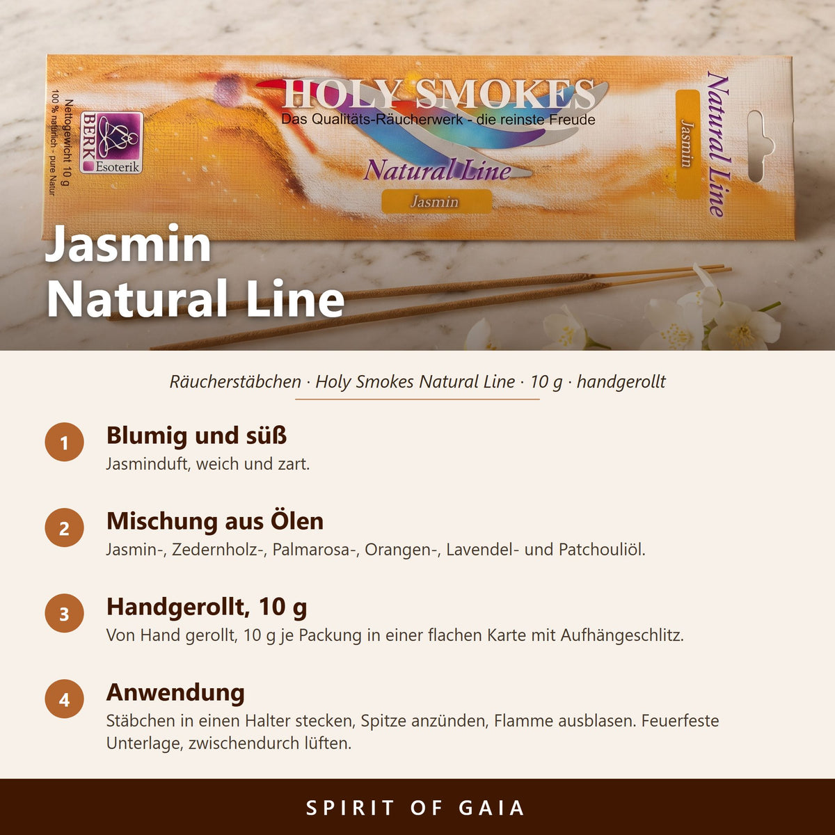 Übersicht zu Jasmin Natural Line: Duft, Zutaten, handgerollt, 10 g, Anwendung