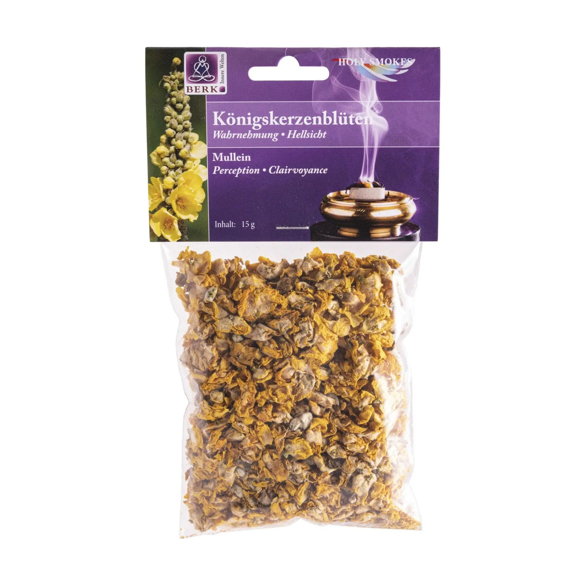 Königskerzenblüten, sortenreines Räucherwerk von Berk, 15 g: Tüte mit violettem Kartonkopf, freigestellt auf Weiß