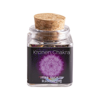 Kronenchakra, Chakra-Räuchermischung von Berk, 50 ml im Korkglas: Korkglas mit schwarzem Chakra-Etikett, freigestellt auf Weiß