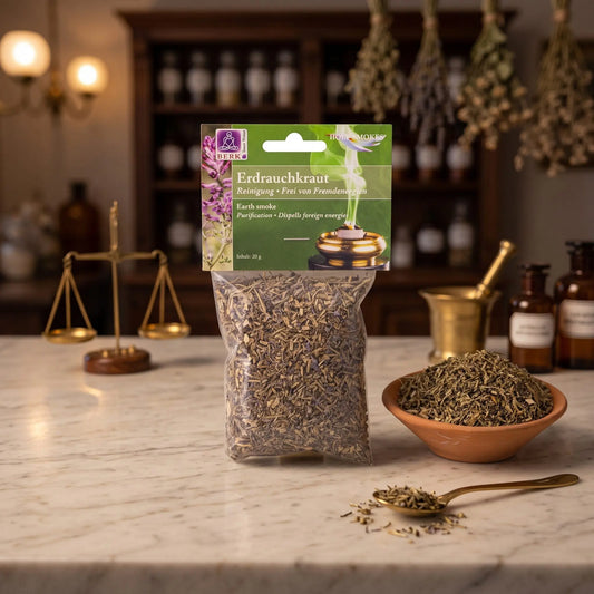 Erdrauchkraut, sortenreines Räucherwerk von Berk, 20 g: Packung auf der Marmortheke einer alten Apotheke am Abend, daneben eine Terracottaschale mit geschnittenem Erdrauchkraut und ein Messinglöffel – Spirit of Gaia