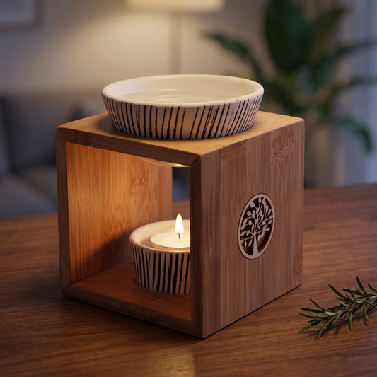 Aromalampe Yggdrasil: mit brennendem Teelicht auf einem Holz-Sideboard im Wohnzimmer am Abend, daneben ein Rosmarinzweig