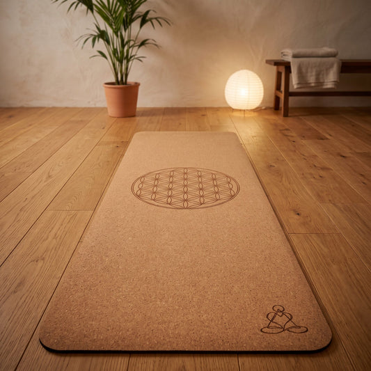 EcoCork Yogamatte aus Naturkork und TPE, 183 × 61 cm, 6 mm, Blume des Lebens: ausgerollt auf dem Holzboden, in der Mitte die eingebrannte Blume des Lebens im Kork, warmes Abendlicht – Spirit of Gaia