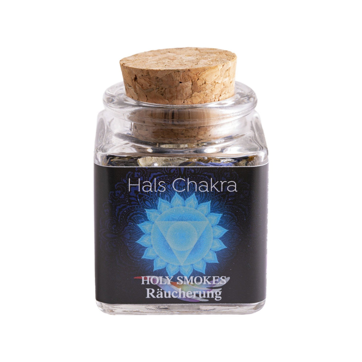 Halschakra, Chakra-Räuchermischung von Berk, 50 ml im Korkglas: Korkglas mit schwarzem Chakra-Etikett, freigestellt auf Weiß