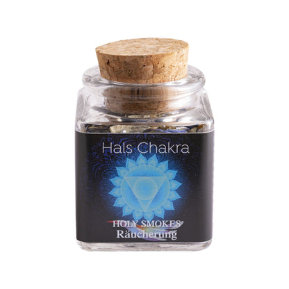 Halschakra, Chakra-Räuchermischung von Berk, 50 ml im Korkglas: Korkglas mit schwarzem Chakra-Etikett, freigestellt auf Weiß
