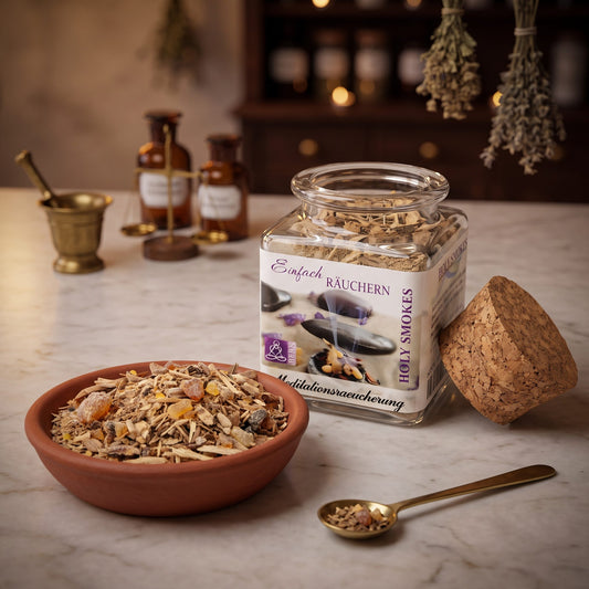 Meditationsräucherung, Räuchermischung der Reihe Einfach Räuchern von Berk, 50 ml im Korkglas: offenes Korkglas auf der Marmortheke einer alten Apotheke am Abend, davor eine Terracottaschale mit der losen Mischung, daneben Korken und Messinglöffel – Spirit of Gaia