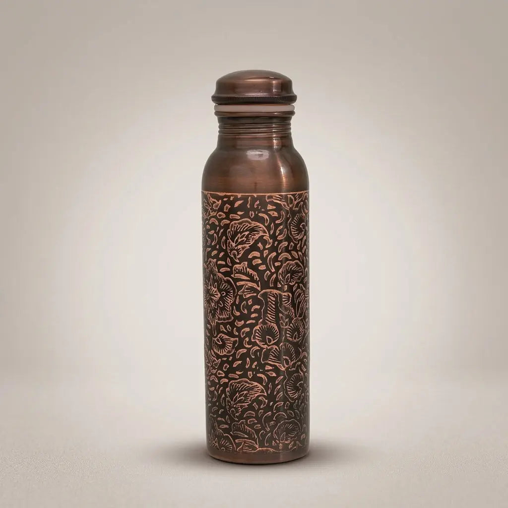 Antike Kupfer-Trinkflasche mit Blumenmuster freigestellt auf hellem Hintergrund mit Schatten