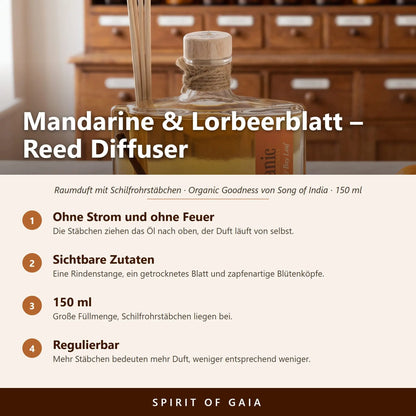 Übersicht zum Reed Diffuser Mandarine und Lorbeerblatt: Duft ohne Strom, sichtbare Zutaten, 150 ml und regulierbare Stärke