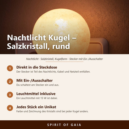 Übersicht zu Salzkristall-Nachtlicht Kugel: Direkt in die Steckdose, Mit Ein-/Ausschalter, Leuchtmittel inklusive, Jedes Stück ein Unikat