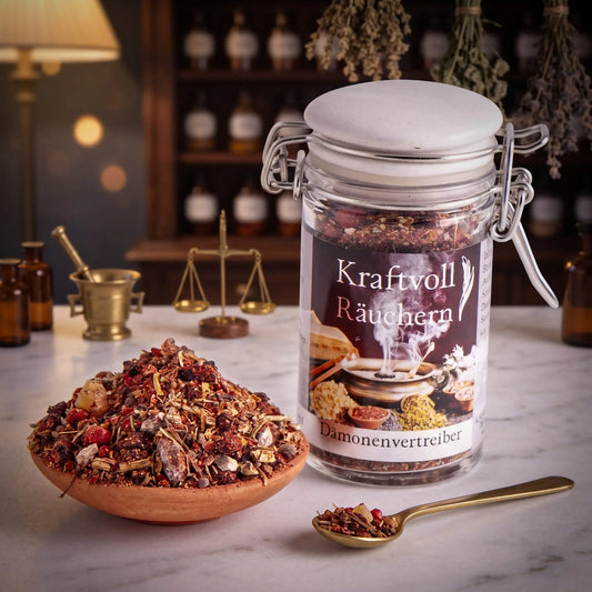 Dämonenvertreiber, Räuchermischung der Reihe Kraftvoll Räuchern von Berk, 60 ml im Bügelglas: Glas auf der Marmortheke einer alten Apotheke am Abend, davor eine Terracottaschale mit der losen Mischung und ein Messinglöffel – Spirit of Gaia