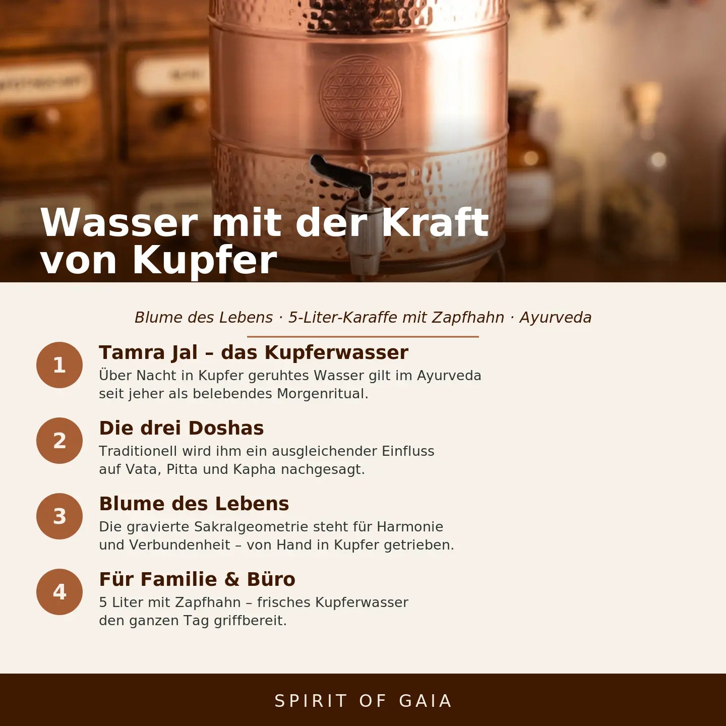 Infografik: Wasser mit der Kraft von Kupfer – Blume des Lebens, Spirit of Gaia