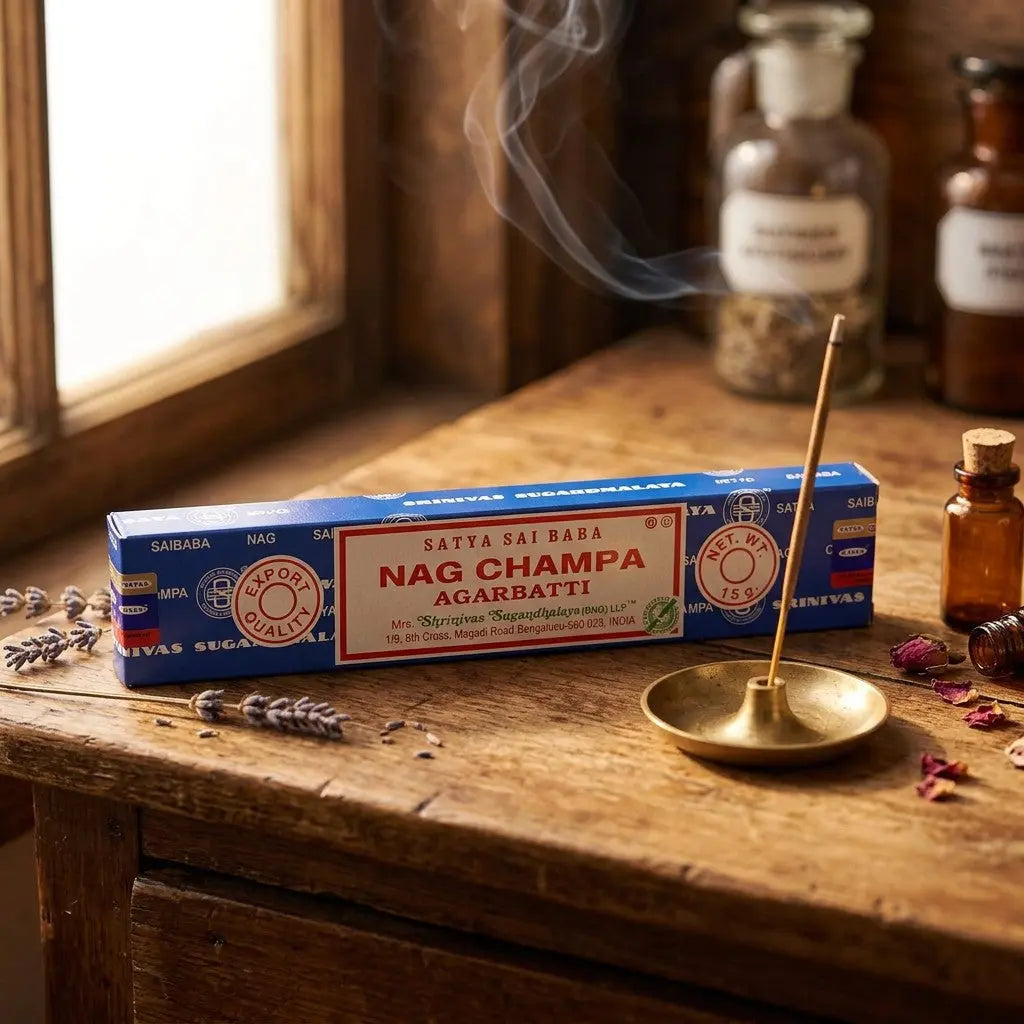 Satya Nag Champa Räucherstäbchen – mit Messing-Halter und Räucherrauch auf warmem Holz