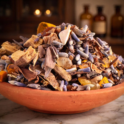 Aurareinigung, Räuchermischung der Reihe Kraftvoll Räuchern von Berk, 60 ml im Bügelglas: Nahaufnahme der Terracottaschale mit Lavendelblüten, Rinden und Harzstücken vor der warmen, unscharfen Abendapotheke – Spirit of Gaia