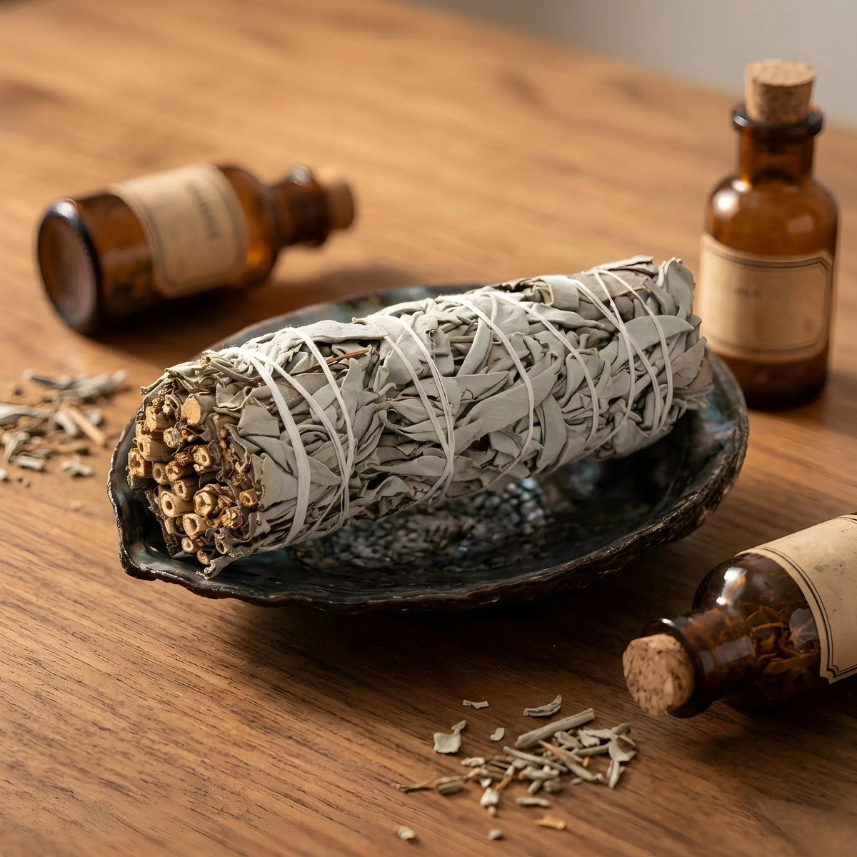 Weißes Salbeibündel klein in einer Abalone-Schale auf einem Holztisch