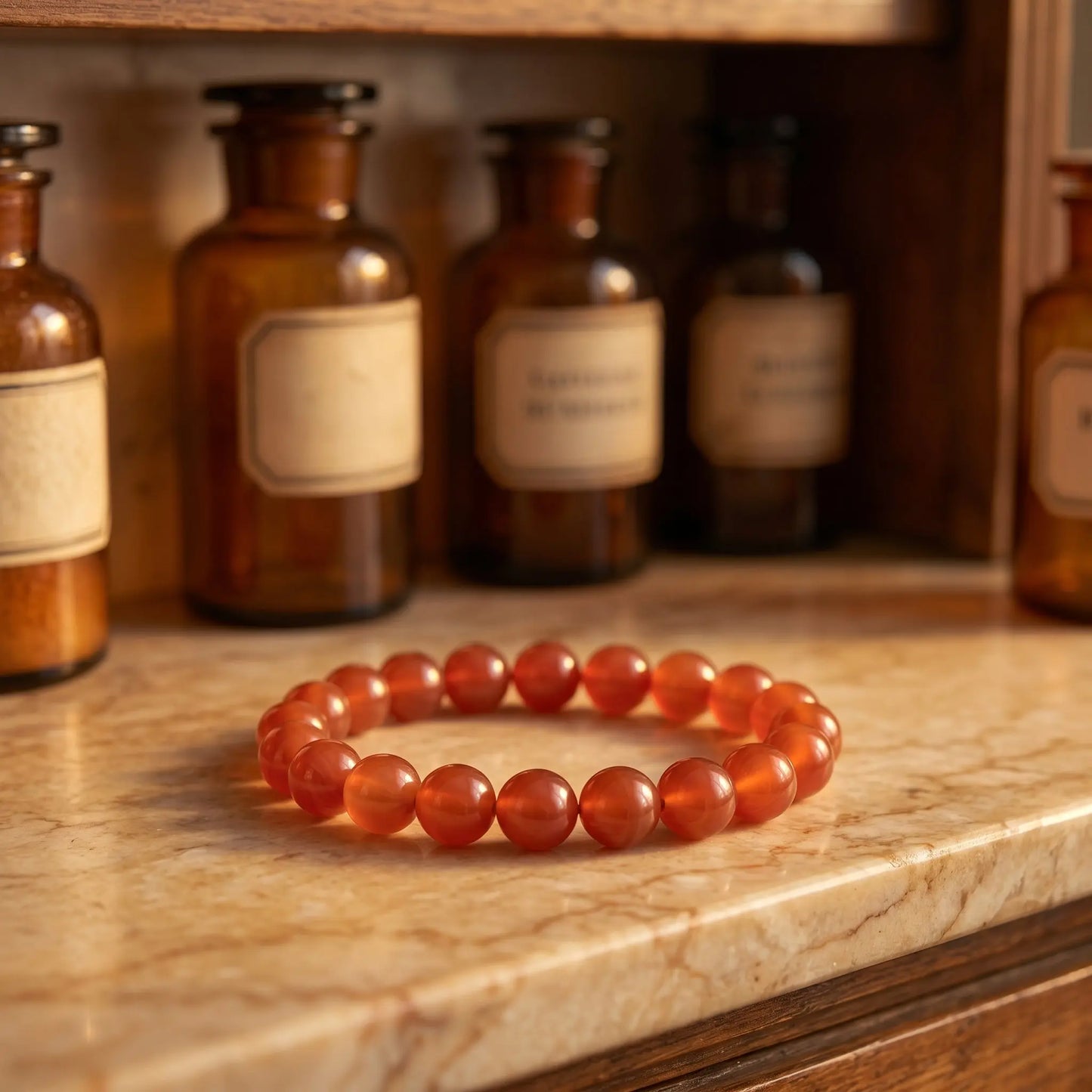 Karneol Armband – orangerotes Edelstein-Kugelarmband (8 mm) auf Marmorablage im Apotheker-Stil
